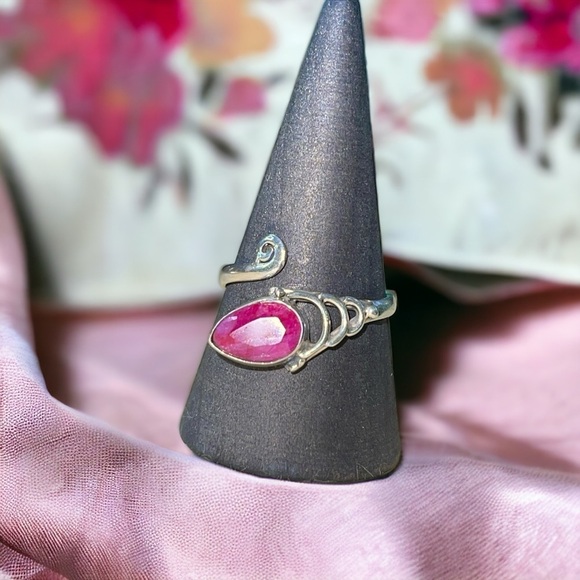 SOLD Raw Faceted Ruby Sterling Silver Bypass Ring (9-10) - Picture 6 of 7